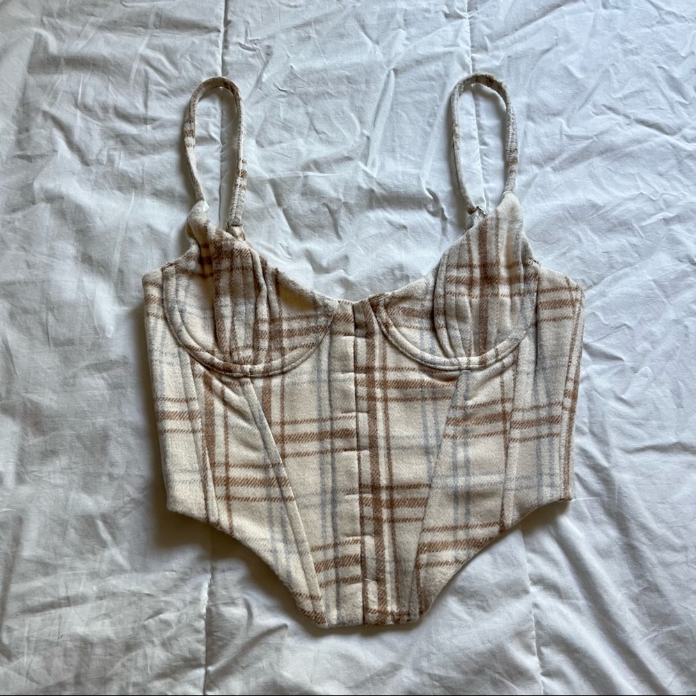 White fox ivory plaid fuzzy soft corset bustier cropped tank top